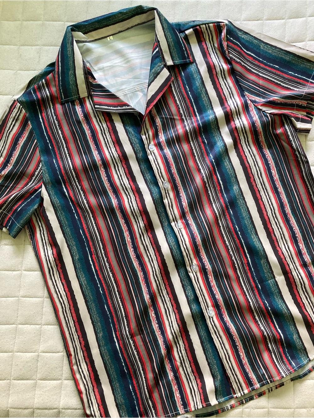 Men’s Striped Short-Sleeve Button-Down Shirt in Teal, Red & Cream